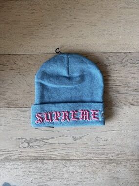 Supreme  Sky Blue Beanie with Pink Embroidered Logo